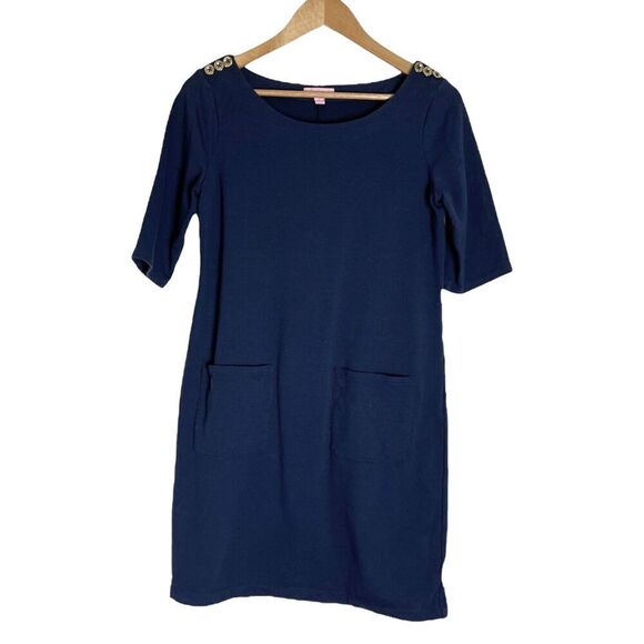 Lilly Pulitzer Lilah Dress Gold Button Shoulder Pockets Womens Medium Navy - Picture 7 of 7